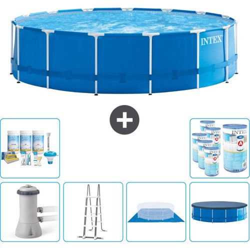 Intex Rundrahmen-Schwimmbecken – 457 x 122 cm – Blau – inklusive Pumpe – Leiter – Bodenplane – Abdeckung Wartungspaket - Filter