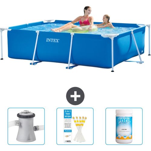 Intex-Schwimmbecken mit rechteckigem Rahmen – 220 x 150 x 60 cm – Blau – im Lieferumfang enthalten Filterpumpe für Schwimmbad - Teststreifen - Chlor