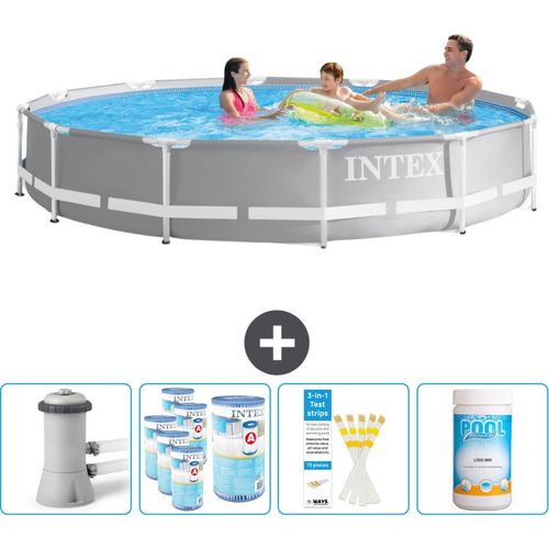 Intex Round Prism Frame Swimming Pool – 366 x 76 cm – Grau – inklusive Pumpe Filter - Teststreifen - Chlor