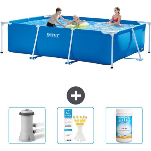Intex-Schwimmbecken mit rechteckigem Rahmen – 300 x 200 x 75 cm – Blau – im Lieferumfang enthalten Filterpumpe für Schwimmbad - Teststreifen - Chlor