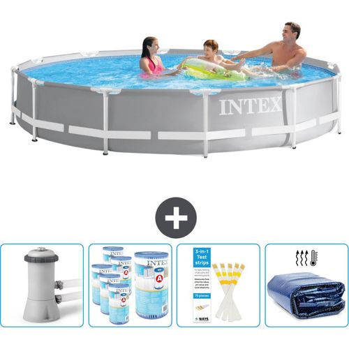 Intex Round Prism Frame Swimming Pool – 366 x 76 cm – Grau – inklusive Pumpe Filter - Teststreifen - Sonnensegel