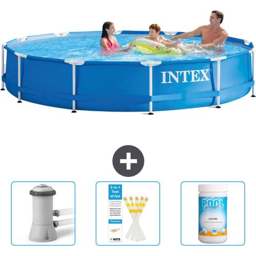Intex-Schwimmbecken mit rundem Rahmen – 366 x 76 cm – Blau – im Lieferumfang enthalten Filterpumpe für Schwimmbad - Teststreifen - Chlor