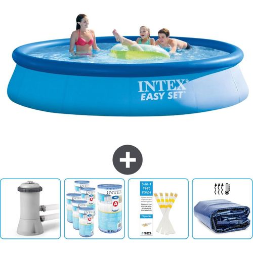 Intex runder aufblasbarer Easy Set-Schwimmpool – 396 x 84 cm – Blau – inklusive Pumpe Filter - Teststreifen - Sonnensegel