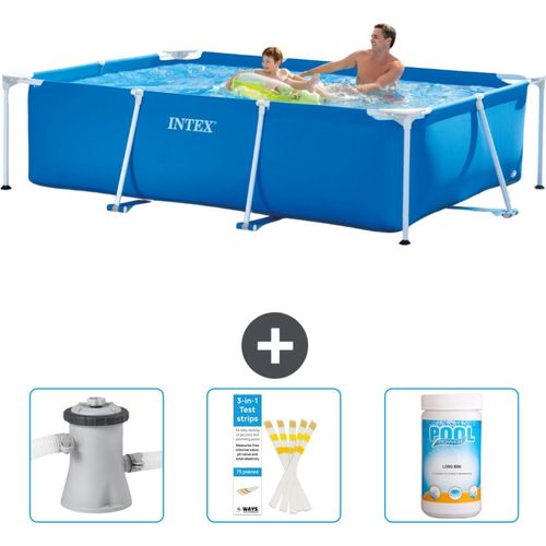Intex-Schwimmbecken mit rechteckigem Rahmen – 260 x 160 x 65 cm – Blau – im Lieferumfang enthalten Filterpumpe für Schwimmbad - Teststreifen - Chlor