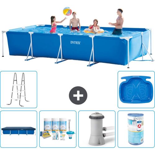 Intex-Schwimmbecken mit rechteckigem Rahmen – 450 x 220 x 84 cm – Blau – im Lieferumfang enthalten Abdeckung - Wartungspaket - Filterpumpe für Schwimmbad - Filter - Leiter - Fußbad