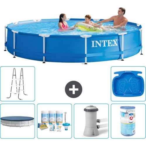 Intex-Schwimmbecken mit rundem Rahmen – 366 x 76 cm – Blau – im Lieferumfang enthalten Abdeckung - Wartungspaket - Filterpumpe für Schwimmbad - Filter - Leiter - Fußbad
