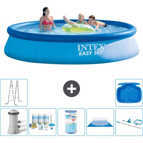 Intex runder aufblasbarer Easy Set-Schwimmpool – 396 x 84 cm – Blau – inklusive Pumpe Wartungspaket - Filter - Bodenplane - Reinigungskit - Leiter - Fußbad