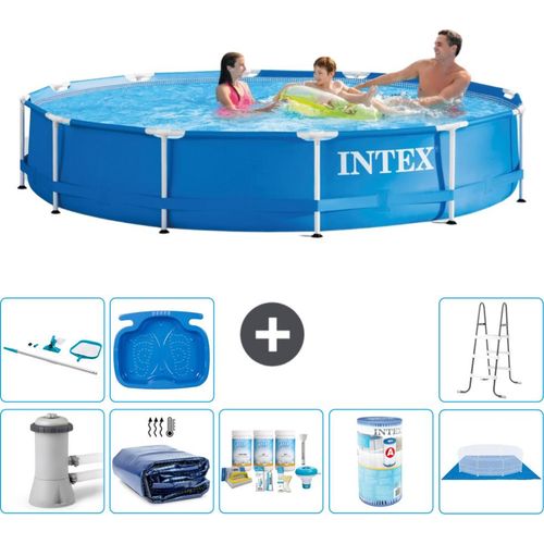 Intex Rundrahmen-Schwimmbecken – 366 x 76 cm – Blau – inklusive Pumpe Sonnensegel - Wartungspaket - Filter - Bodenplane - Reinigungskit - Leiter