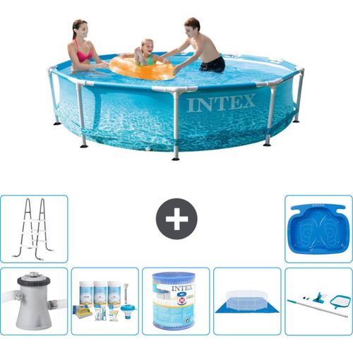 Intex Rundrahmen-Schwimmbecken – 305 x 76 cm – Wasserdruck – inklusive Pumpe Wartungspaket - Filter - Bodenplane - Reinigungskit - Leiter - Fußbad