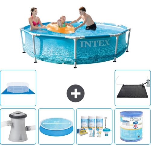 Intex Rundrahmen-Schwimmbecken – 305 x 76 cm – Wasserdruck – inklusive Pumpe Sonnensegel - Wartungspaket - Filter - Bodenplane - Solarmatte