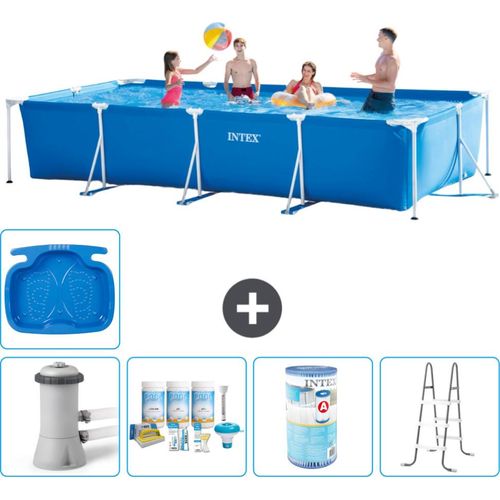 Intex-Schwimmbecken mit rechteckigem Rahmen – 450 x 220 x 84 cm – Blau – inklusive Pumpe Wartungspaket - Filter - Leiter - Fußbad