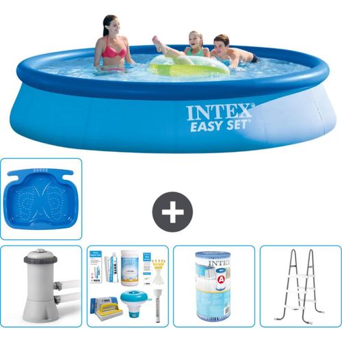 Intex runder aufblasbarer Easy Set-Schwimmpool – 396 x 84 cm – Blau – inklusive Pumpe Wartungspaket - Filter - Leiter - Fußbad