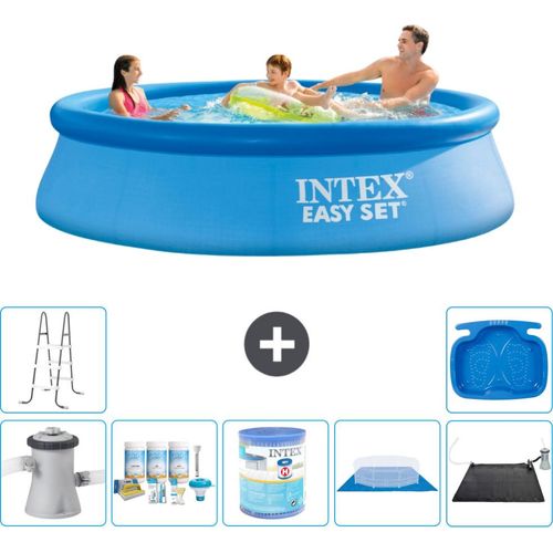 Intex runder aufblasbarer Easy Set-Schwimmpool – 305 x 76 cm – Blau – inklusive Pumpe Wartungspaket - Filter - Bodenplane - Solarmatte - Leiter - Fußbad