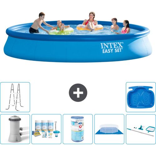 Intex runder aufblasbarer Easy Set-Schwimmpool – 457 x 84 cm – Blau – inklusive Pumpe Wartungspaket - Filter - Bodenplane - Reinigungskit - Leiter - Fußbad