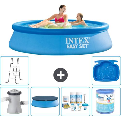 Intex runder aufblasbarer Easy Set-Schwimmpool – 244 x 61 cm – Blau – inklusive Pumpe Abdeckung - Wartungspaket - Filter - Leiter - Fußbad