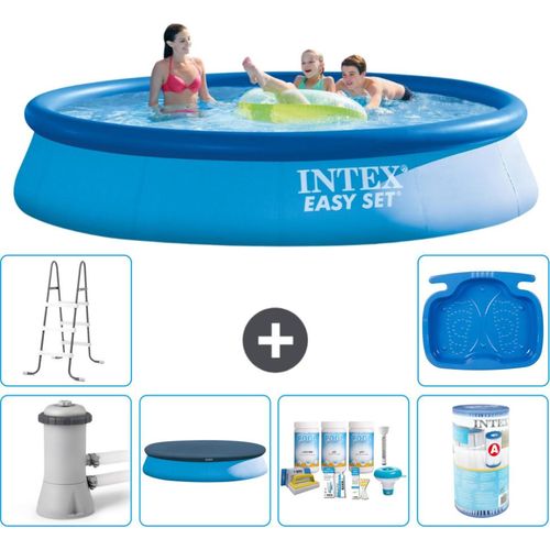 Intex runder aufblasbarer Easy Set-Schwimmpool – 396 x 84 cm – Blau – inklusive Pumpe Abdeckung - Wartungspaket - Filter - Leiter - Fußbad