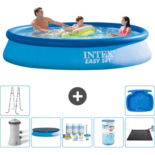 Intex runder aufblasbarer Easy Set-Schwimmpool – 366 x 76 cm – Blau – inklusive Pumpe Abdeckung - Wartungspaket - Filter - Solarmatte - Leiter - Fußbad