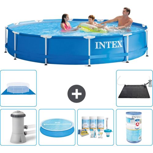 Intex Rundrahmen-Schwimmbecken – 366 x 76 cm – Blau – inklusive Pumpe Sonnensegel - Wartungspaket - Filter - Bodenplane - Solarmatte