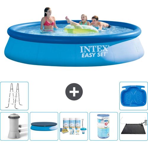 Intex runder aufblasbarer Easy Set-Schwimmpool – 396 x 84 cm – Blau – inklusive Pumpe Abdeckung - Wartungspaket - Filter - Solarmatte - Leiter - Fußbad