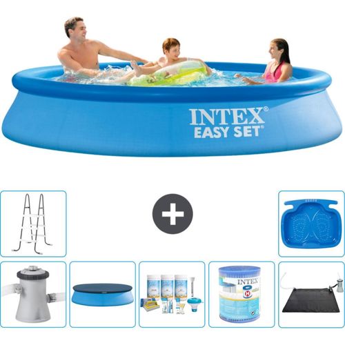 Intex runder aufblasbarer Easy Set-Schwimmpool – 305 x 61 cm – Blau – inklusive Pumpe Abdeckung - Wartungspaket - Filter - Solarmatte - Leiter - Fußbad