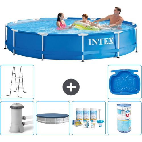 Intex Rundrahmen-Schwimmbecken – 366 x 76 cm – Blau – inklusive Pumpe Abdeckung - Wartungspaket - Filter - Leiter - Fußbad
