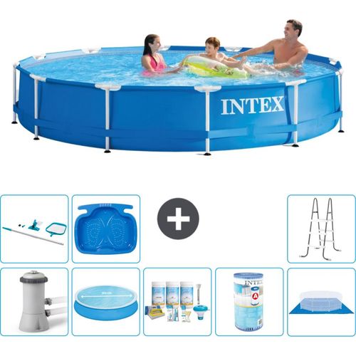 Intex Rundrahmen-Schwimmbecken – 366 x 76 cm – Blau – inklusive Pumpe Sonnensegel - Wartungspaket - Filter - Bodenplane - Reinigungskit - Leiter