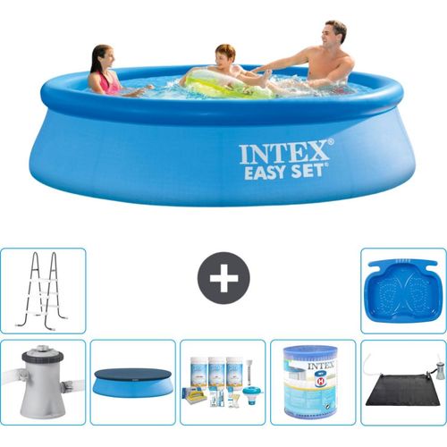 Intex runder aufblasbarer Easy Set-Schwimmpool – 305 x 76 cm – Blau – inklusive Pumpe Abdeckung - Wartungspaket - Filter - Solarmatte - Leiter - Fußbad