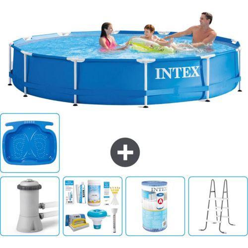 Intex Rundrahmen-Schwimmbecken – 366 x 76 cm – Blau – inklusive Pumpe Wartungspaket - Filter - Leiter - Fußbad