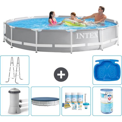 Intex Round Prism Frame Swimming Pool – 366 x 76 cm – Grau – inklusive Pumpe Abdeckung - Wartungspaket - Filter - Leiter - Fußbad