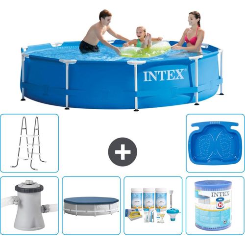 Intex Rundrahmen-Schwimmbecken – 305 x 76 cm – Blau – inklusive Pumpe Abdeckung - Wartungspaket - Filter - Leiter - Fußbad