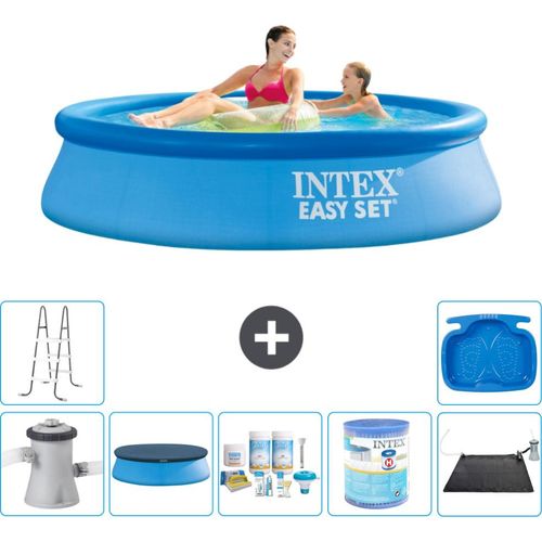 Intex runder aufblasbarer Easy Set-Schwimmpool – 244 x 61 cm – Blau – inklusive Pumpe Abdeckung - Wartungspaket - Filter - Solarmatte - Leiter - Fußbad