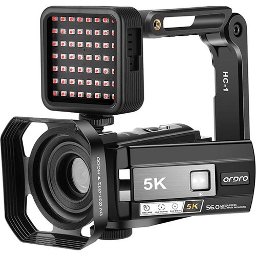 ORDRO HDR-AE20 5K Digital-Videokamera, WiFi-Camcorder, DV-Recorder, 3,0-Zoll-IPS-Touchpanel, 56 MP, 18-facher digitaler Zoom, Zeitraffer-Loop-Aufnahme, Zeitlupe, Anti-Verwacklung, mit Fernbedienung + externes Nachtsichtlicht + U-foermiger Kamerahalter + Gegenlichtblende