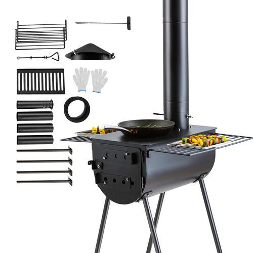 VEVOR Holzofen, 118 Zoll, Camping-Zeltofen aus legiertem Stahl, tragbarer Holzofen mit Kaminrohren und Handschuhen, 3000 Zoll großer Feuerraum-Zeltofen zum Kochen und Heizen im Freien mit 8 Rohren