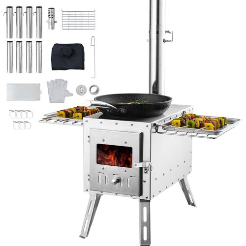 VEVOR Holzofen, 590 x 790 x 2620 m, Camping-Zeltofen aus Edelstahl, Holzofen mit Kaminrohren und Handschuhen, 1646 Kubikzoll großer Feuerraum-Zeltofen zum Kochen und Heizen im Freien mit 8 Rohren
