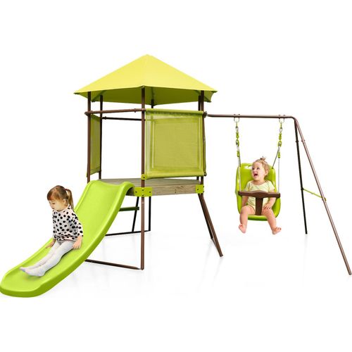 GOPLUS 4 in 1 Spielturm Klettergerüst, Stelzenhaus Outdoor mit Leiter, Kletterturm, Rutsche, Babyschaukel, Spielplatz für den Garten, Kinder von 3–7 Jahren, Grün