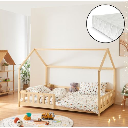 Hausbett ‘Hesel’ für Kinder mit Matratze Rausfallschutz Lattenrost 120 x 200 cm Holzoptik
