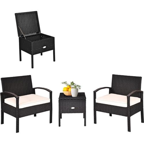 KOMFOTTEU 3 TLG. Rattan Balkonset, 2 er Gartensessel inkl. Couchtisch mit Stauraum & herausnehmbaren Kissen, Rattanmöbel Set