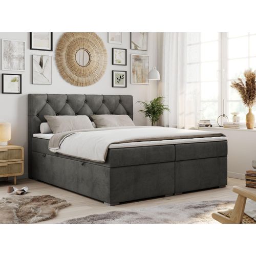 Boxspringbett 140x200 mit Bettkasten, Boxspringbett 140x200 mit Matratze, Doppelbett mit Matratze und Topper - Polsterbett mit Kopfteil - Stauraumbett - ALDA - 140x200 - Dunkelgrau - Velvet - H4