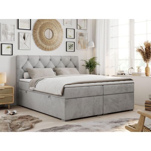 Boxspringbett 140x200 mit Bettkasten, Boxspringbett 140x200 mit Matratze, Doppelbett mit Matratze und Topper - Polsterbett mit Kopfteil - Stauraumbett - ALDA - 140x200 - Hellgrau - Velvet - H4
