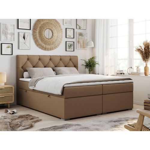 Boxspringbett 140x200 mit Bettkasten, Boxspringbett 140x200 mit Matratze, Doppelbett mit Matratze und Topper - Polsterbett mit Kopfteil - Stauraumbett - ALDA - 140x200 - Braun - Kunstleder - H4