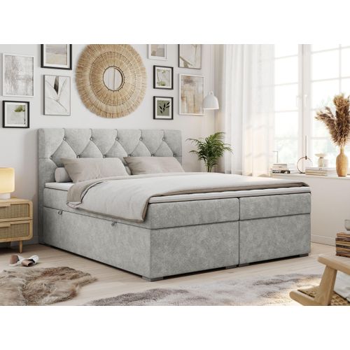 Boxspringbett 160x200 mit Bettkasten, Boxspringbett 160x200 mit Matratze, Doppelbett mit Matratze und Topper - Polsterbett mit Kopfteil - Stauraumbett - ALDA - 160x200 - Hellgrau - Struktur - H3