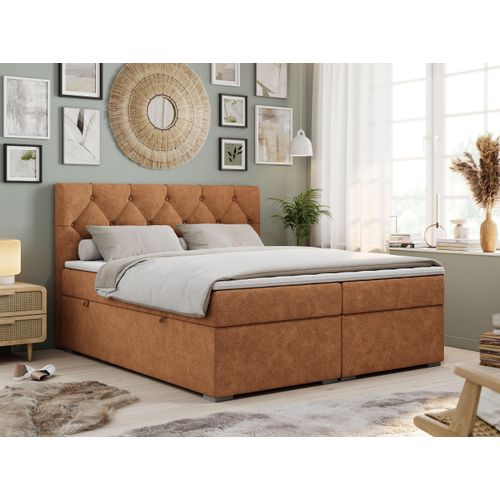 Boxspringbett 140x200 mit Bettkasten, Boxspringbett 140x200 mit Matratze, Doppelbett mit Matratze und Topper - Polsterbett mit Kopfteil - Stauraumbett - ALDA - 140x200 - Orange - Struktur - H3