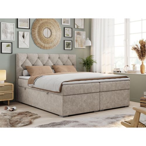 Boxspringbett 120x200 mit Bettkasten, Boxspringbett 120x200 mit Matratze, Doppelbett mit Matratze und Topper - Polsterbett mit Kopfteil - Stauraumbett - ALDA - 120x200 - Beige - Struktur - H3