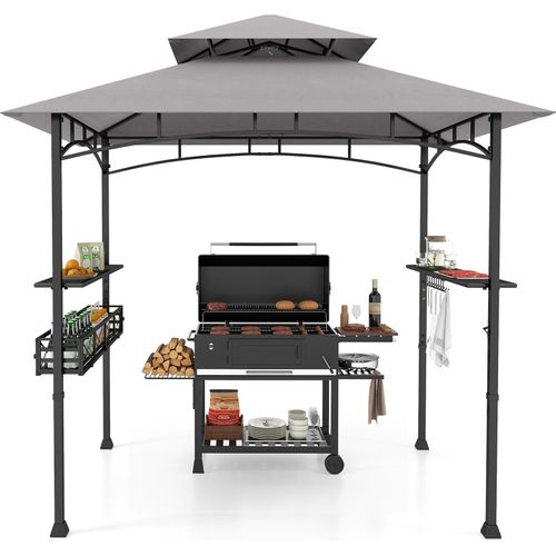 COSTWAY Grillpavillon wetterfest, Grillunterstand mit Doppeldach, Seitenregalen, Metallkorb, Haken & Flaschenöffner, Grillüberdachungen 242x153x250cm