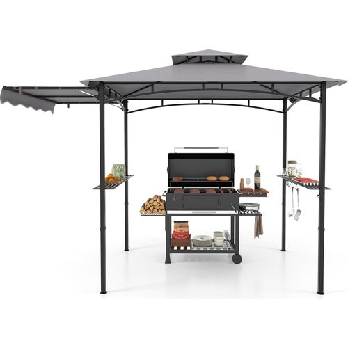 COSTWAY Grillpavillon wetterfest, Grillüberdachungen mit Seitenmarkise, Doppeldach, Seitenregalen, Haken & Flaschenöffner 318x153x250cm