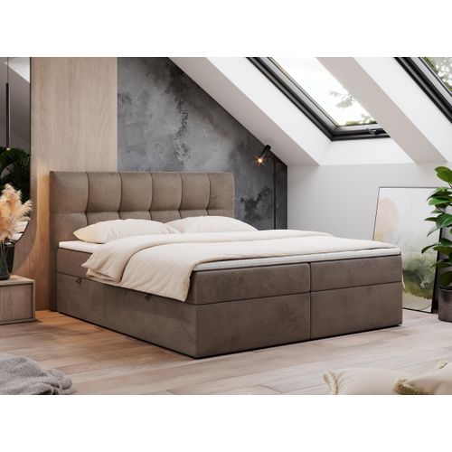 Boxspringbett 140x200 mit Bettkasten, Bett mit Multipocket - Matratze H4 Topper, Polsterbett 140x200 mit Bettkasten Kopfteil, Boxspringbett mit Matratze H4 - RICO - 140x200 - Braun - Velvet - H4
