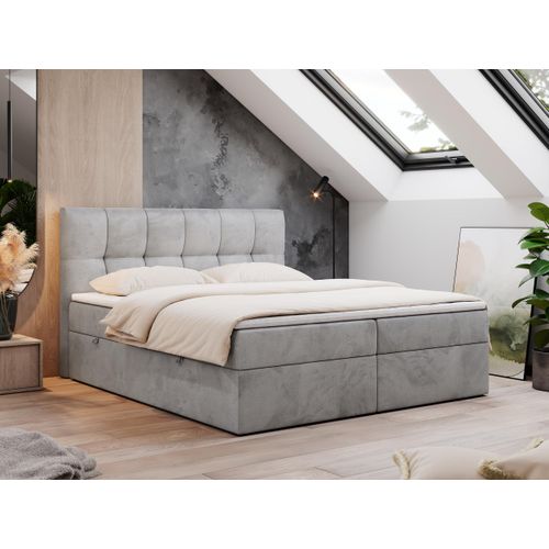 Boxspringbett 140x200 mit Bettkasten, Bett mit Multipocket - Matratze H4 Topper, Polsterbett 140x200 mit Bettkasten Kopfteil, Boxspringbett mit Matratze H4 - RICO - 140x200 - Hellgrau - Velvet - H4