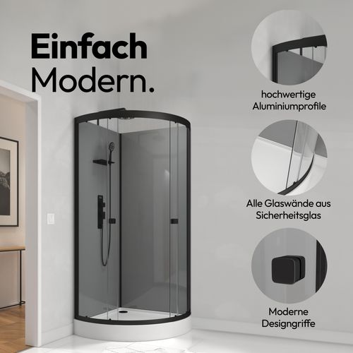Dusche Komplett Marwell Komplettdusche Grey Style Round 215x90x90cm - Fertigdusche mit 5mm gehärtetem Glas - mit Regal Ablagefläche für Duschutensilien