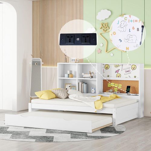 Fortuna Lai Kinderbett Schlafsofa Stauraumbett (mit ausziehbarem Bett, usb-Ladeanschluss, Zeichenbrett, Staufächer, 90*200cm), Weiß
