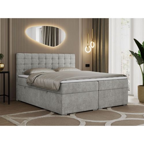 Boxspringbett 200x200 mit Bettkasten, Bett 200x200 mit Matratze und Topper - SUSAN - 200x200 - Hellgrau - Struktur - H4